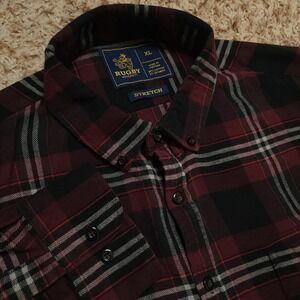 Rugby University Button Down Mens XL Burgundy Plaid Stretch Long Sleeve Shirt